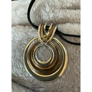 Cookie Lee Statement Pendant Necklace Black Cord Silver/Gold Tone Rings